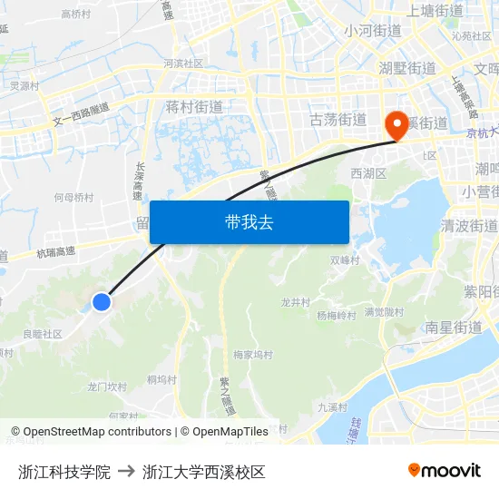 浙江科技学院 to 浙江大学西溪校区 map