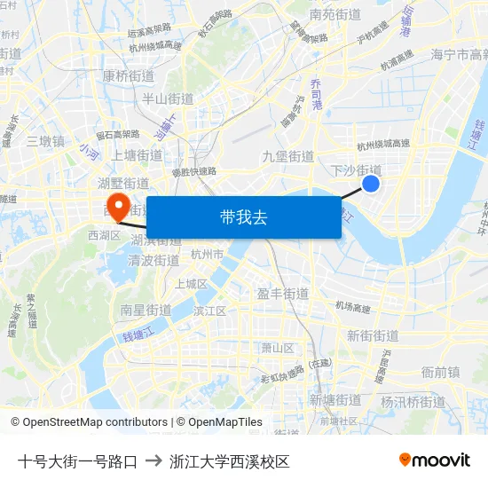 十号大街一号路口 to 浙江大学西溪校区 map