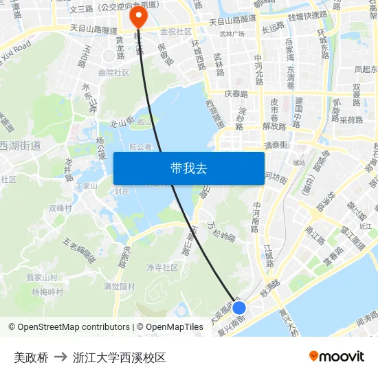 美政桥 to 浙江大学西溪校区 map