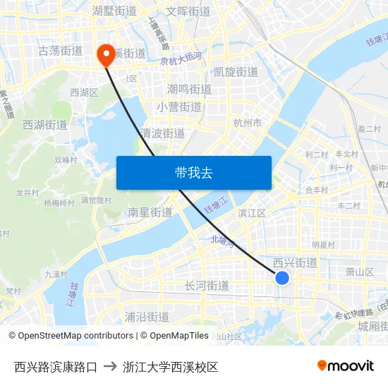西兴路滨康路口 to 浙江大学西溪校区 map