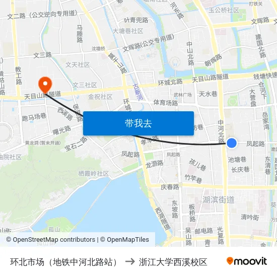 环北市场（地铁中河北路站） to 浙江大学西溪校区 map