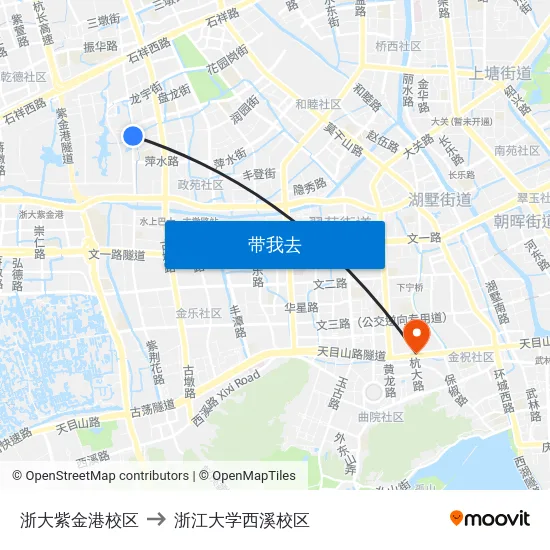 浙大紫金港校区 to 浙江大学西溪校区 map