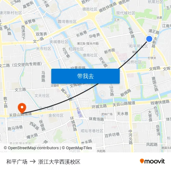 和平广场 to 浙江大学西溪校区 map