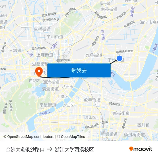 金沙大道银沙路口 to 浙江大学西溪校区 map