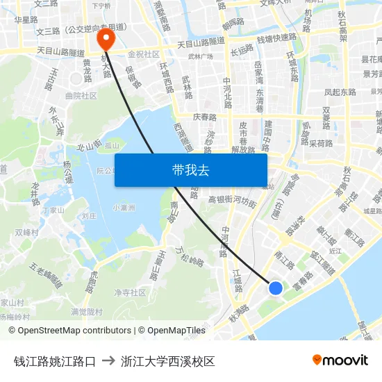 钱江路姚江路口 to 浙江大学西溪校区 map