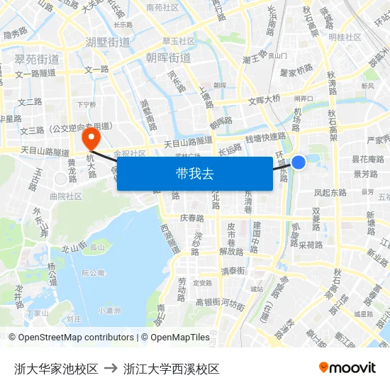浙大华家池校区 to 浙江大学西溪校区 map