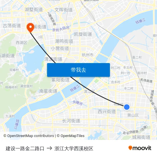 建设一路金二路口 to 浙江大学西溪校区 map