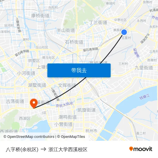 八字桥(余杭区) to 浙江大学西溪校区 map