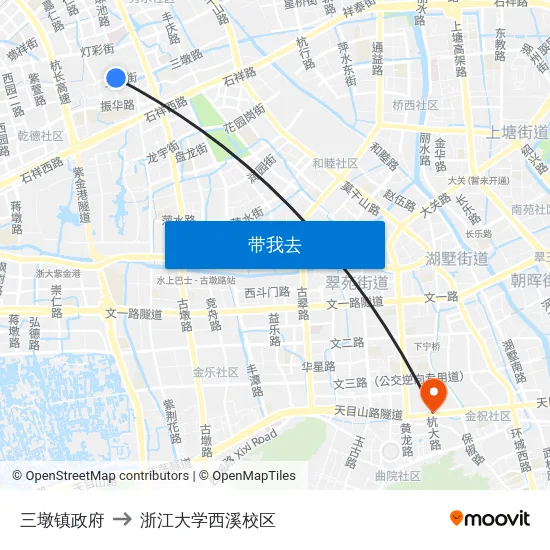 三墩镇政府 to 浙江大学西溪校区 map