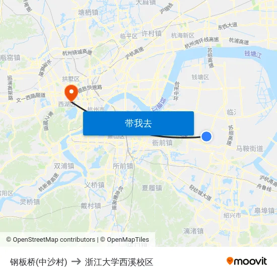 钢板桥(中沙村) to 浙江大学西溪校区 map