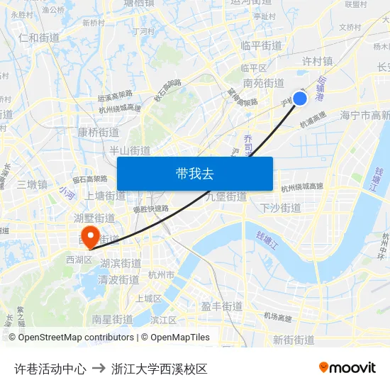 许巷活动中心 to 浙江大学西溪校区 map