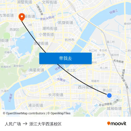 人民广场 to 浙江大学西溪校区 map