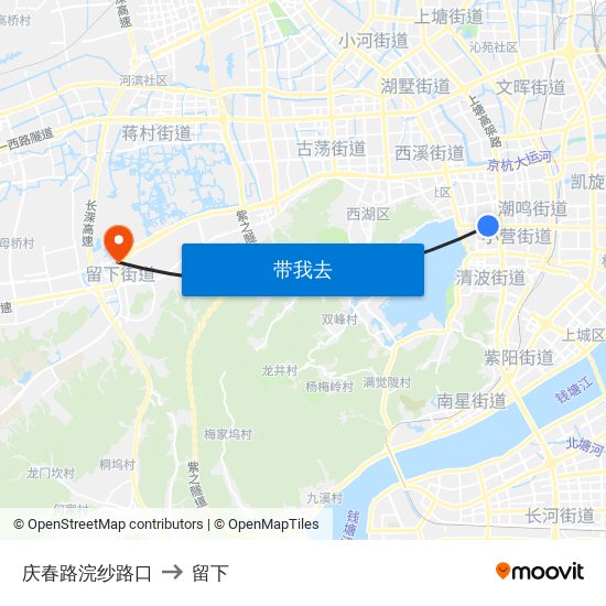 庆春路浣纱路口 to 留下 map