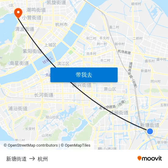 新塘街道 to 杭州 map