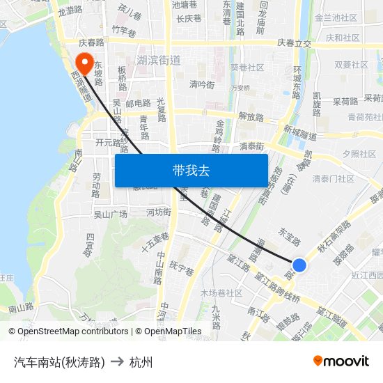 汽车南站(秋涛路) to 杭州 map