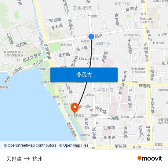 凤起路 to 杭州 map