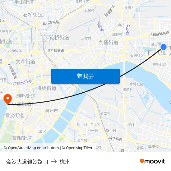 金沙大道银沙路口 to 杭州 map