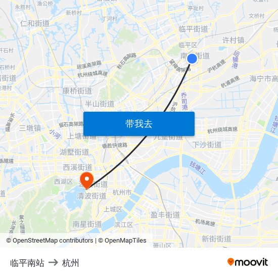 临平南站 to 杭州 map