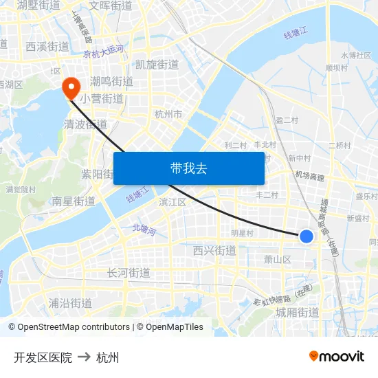 开发区医院 to 杭州 map