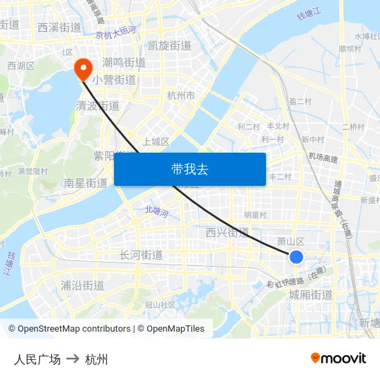 人民广场 to 杭州 map