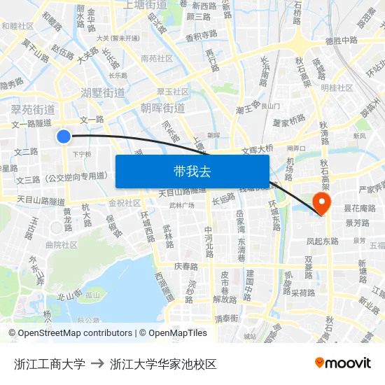浙江工商大学 to 浙江大学华家池校区 map