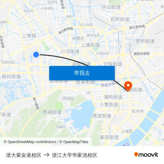 浙大紫金港校区 to 浙江大学华家池校区 map