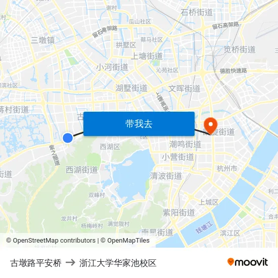 古墩路平安桥 to 浙江大学华家池校区 map