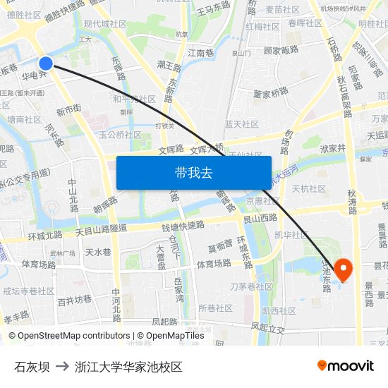 石灰坝 to 浙江大学华家池校区 map