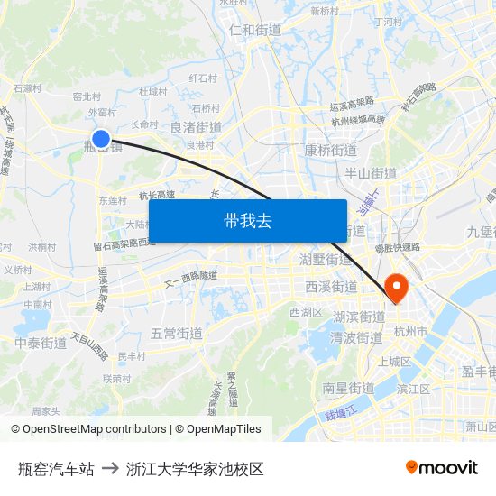 瓶窑汽车站 to 浙江大学华家池校区 map