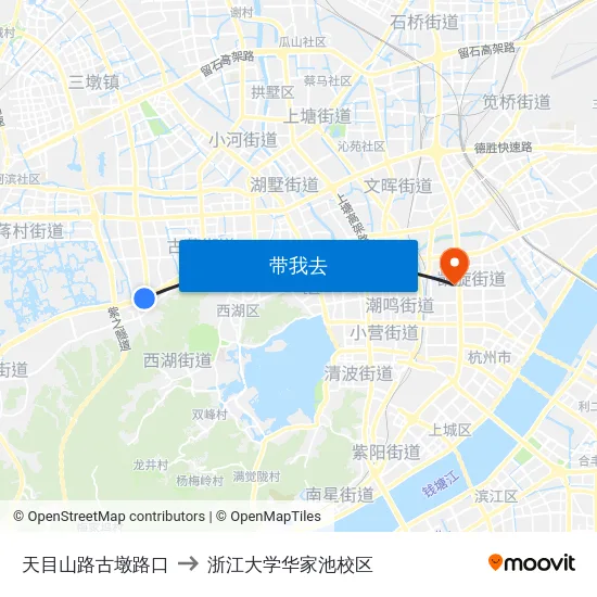 天目山路古墩路口 to 浙江大学华家池校区 map