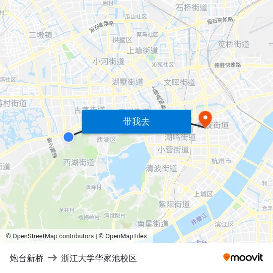 炮台新桥 to 浙江大学华家池校区 map
