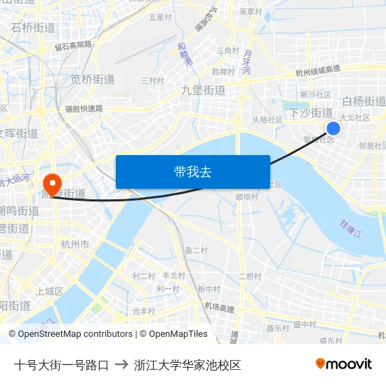 十号大街一号路口 to 浙江大学华家池校区 map