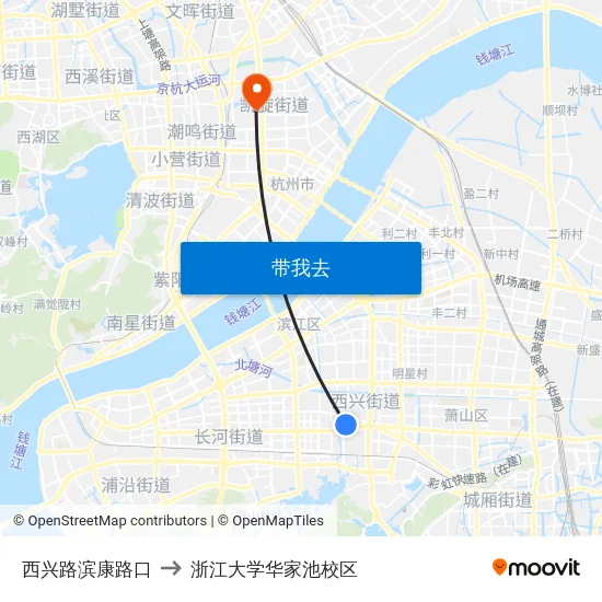 西兴路滨康路口 to 浙江大学华家池校区 map