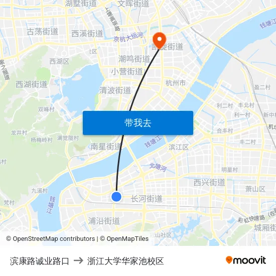滨康路诚业路口 to 浙江大学华家池校区 map