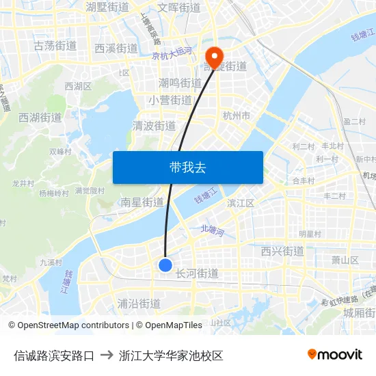 信诚路滨安路口 to 浙江大学华家池校区 map