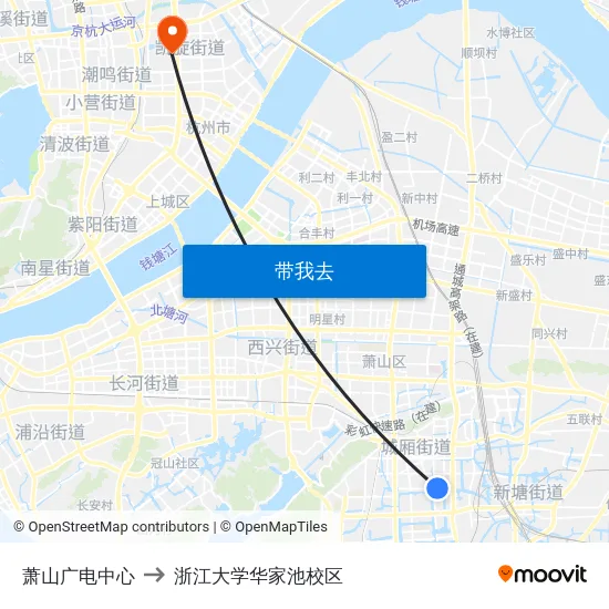 萧山广电中心 to 浙江大学华家池校区 map