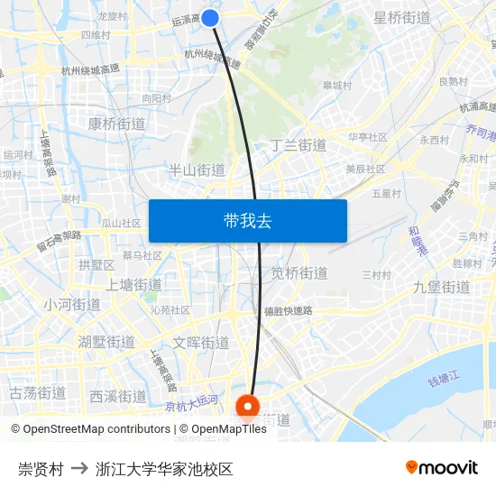 崇贤村 to 浙江大学华家池校区 map