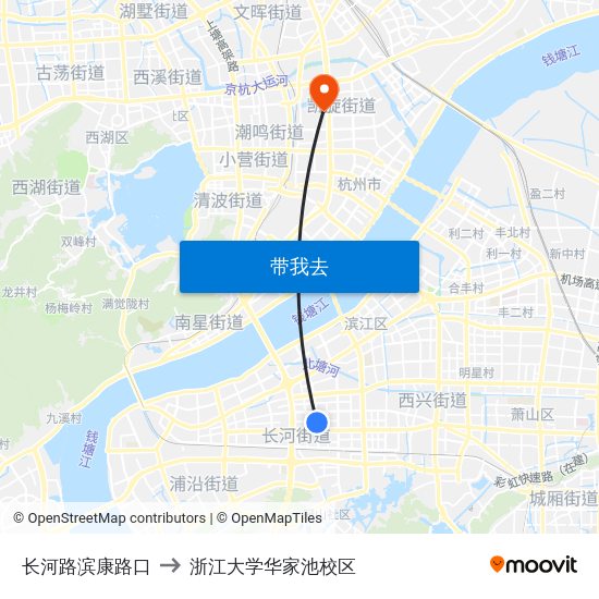 长河路滨康路口 to 浙江大学华家池校区 map