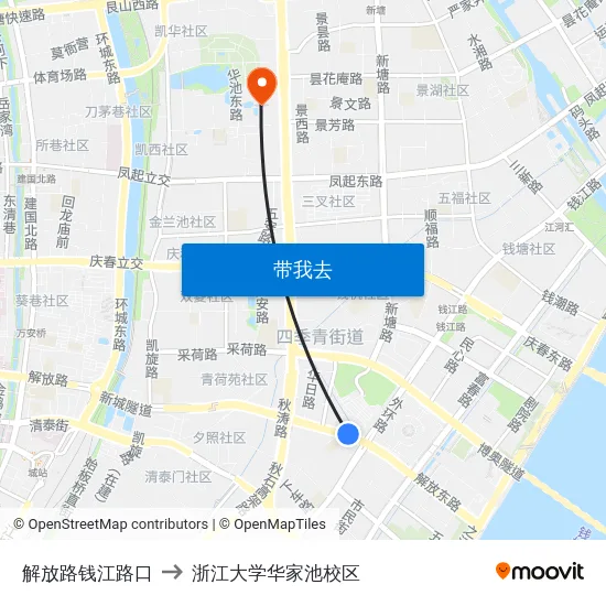 解放路钱江路口 to 浙江大学华家池校区 map