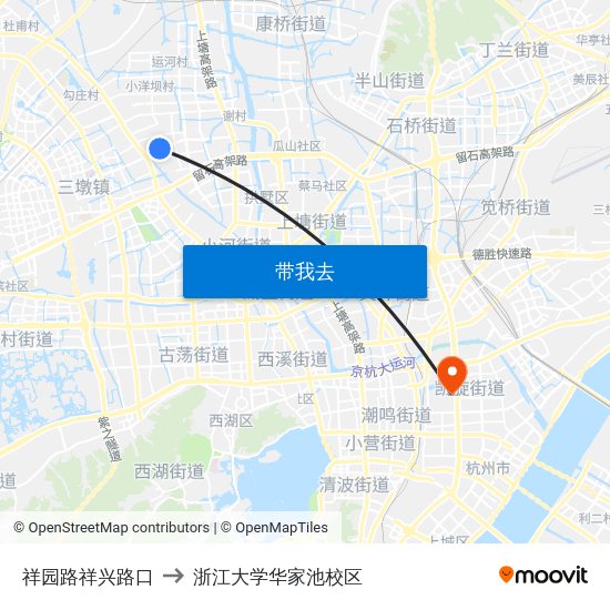 祥园路祥兴路口 to 浙江大学华家池校区 map