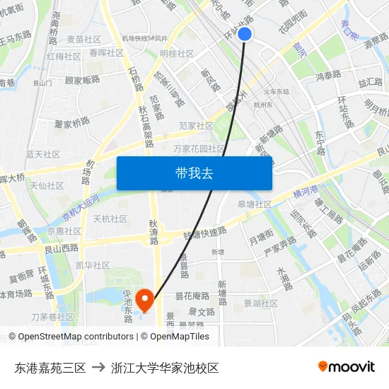东港嘉苑三区 to 浙江大学华家池校区 map