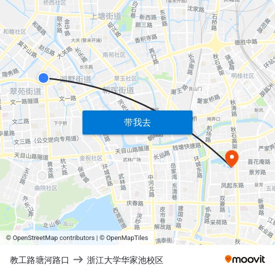 教工路塘河路口 to 浙江大学华家池校区 map