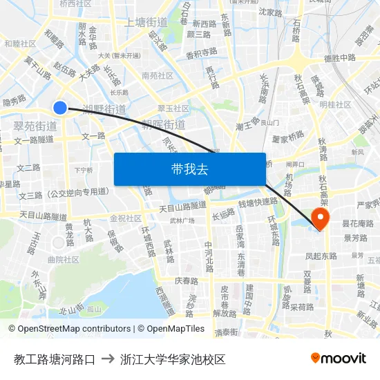 教工路塘河路口 to 浙江大学华家池校区 map