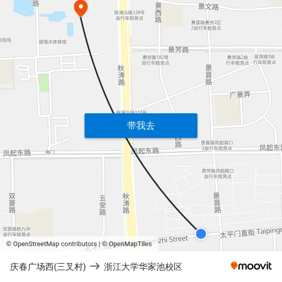 庆春广场西(三叉村) to 浙江大学华家池校区 map