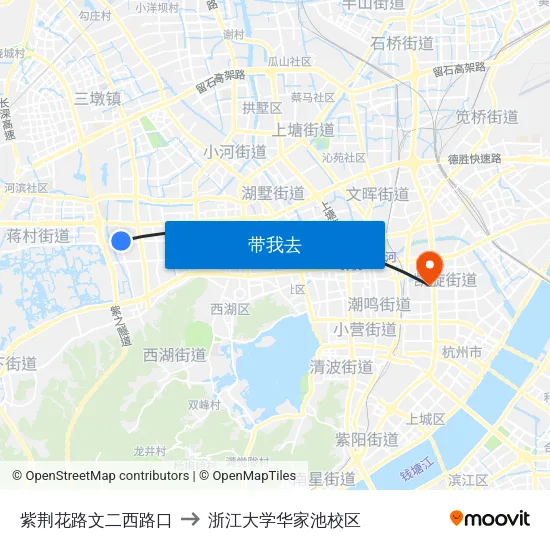 紫荆花路文二西路口 to 浙江大学华家池校区 map