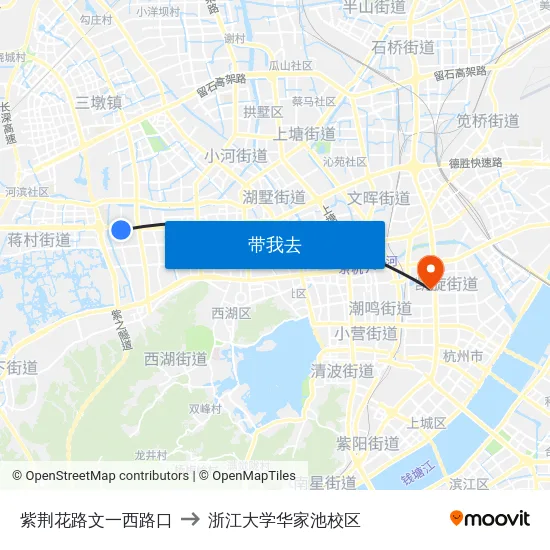 紫荆花路文一西路口 to 浙江大学华家池校区 map