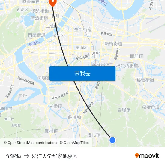 华家垫 to 浙江大学华家池校区 map