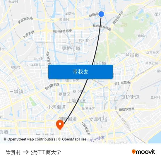 崇贤村 to 浙江工商大学 map