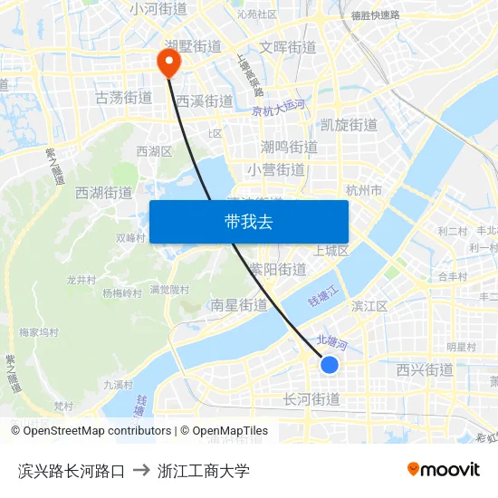 滨兴路长河路口 to 浙江工商大学 map