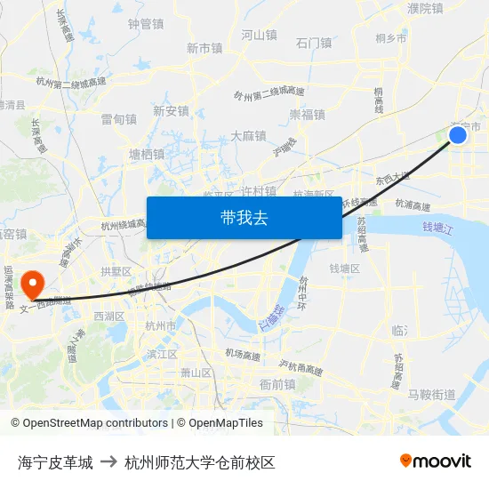海宁皮革城 to 杭州师范大学仓前校区 map